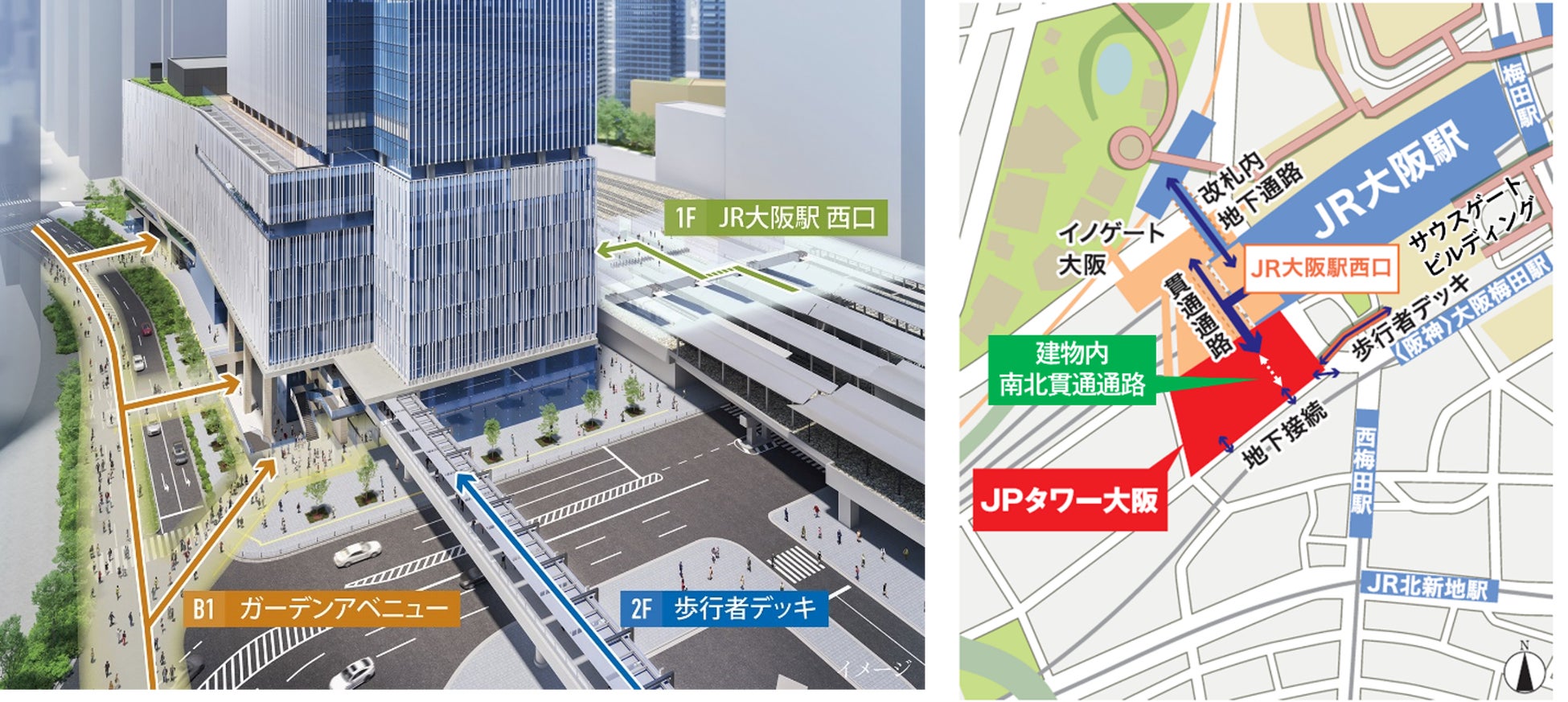 歩行者ネットワークイメージ(JR大阪駅南側から)、(マップ)