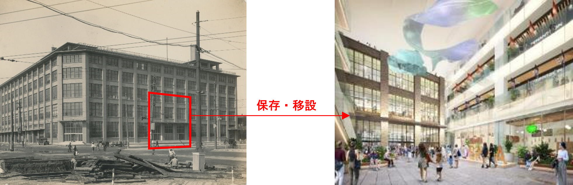 旧大阪中央郵便局舎²⁾　「ＫＩＴＴＥ大阪」アトリウム イメージ（左手奥が旧局舎を移設・保存した部分）