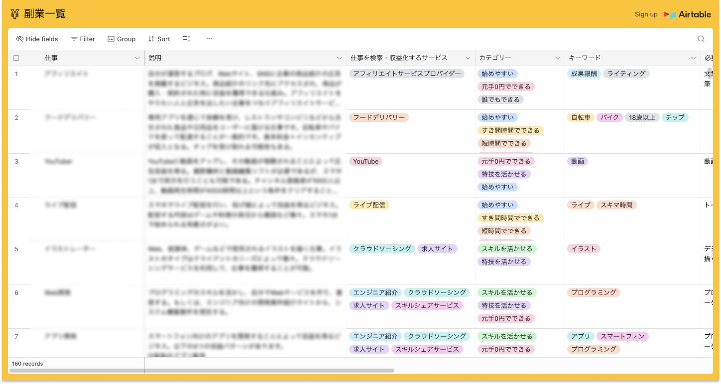 「副業一覧データベース」のサンプル画像