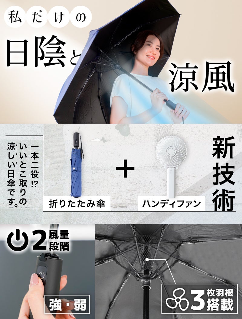 ファンで涼む新しい日傘「折りたたみファンブレラ」』を発売