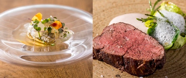 写真左:焼き茄子とトマトのジュレ  写真右:グラスフェットビーフ