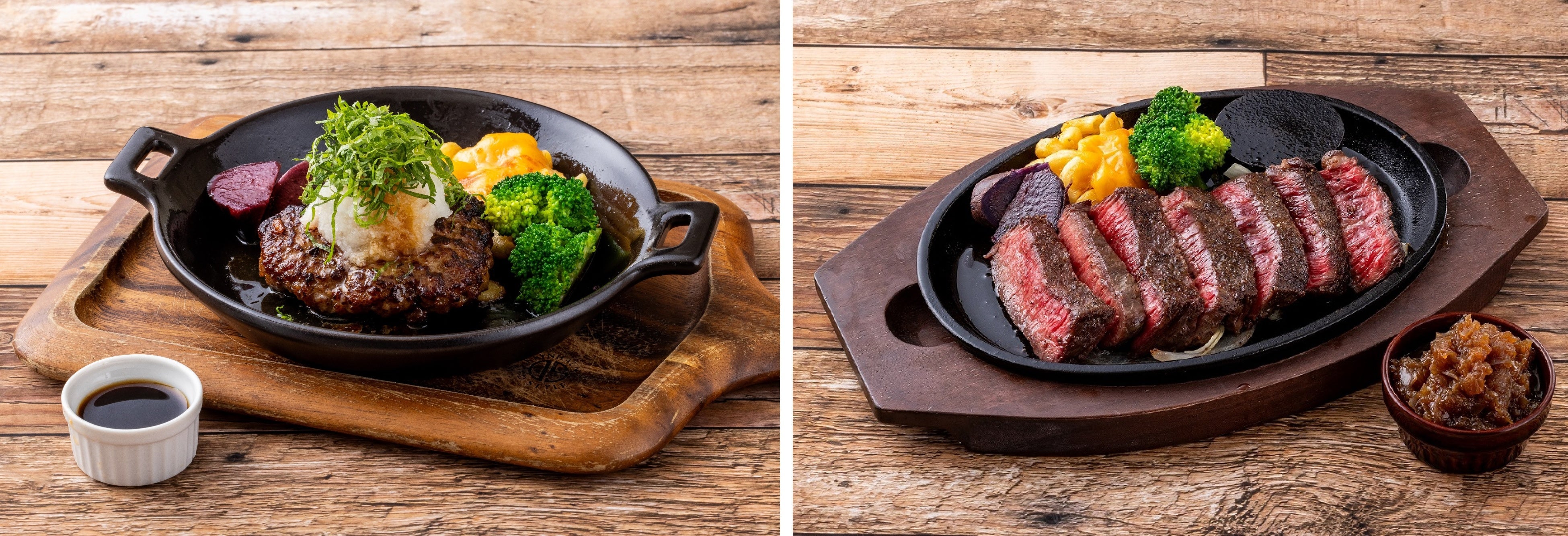 グリルメニュー：自家製手ごねハンバーグ、USリブフィンガー カットステーキ