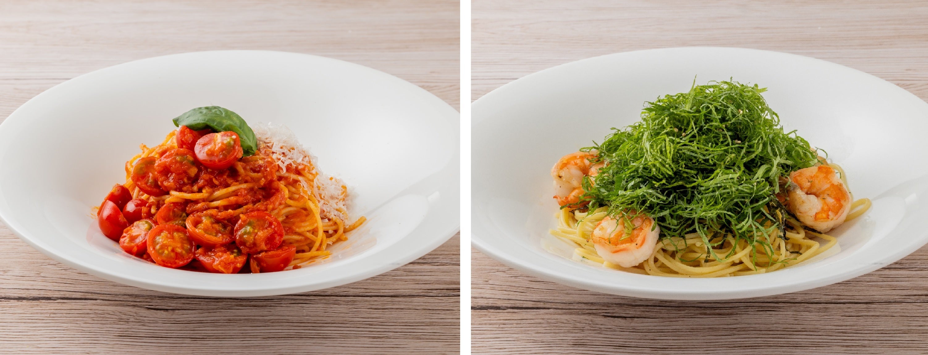 パスタメニュー：チェリートマトとバジルのトマトソーススパゲティ、海老と青じその和風スパゲッティ