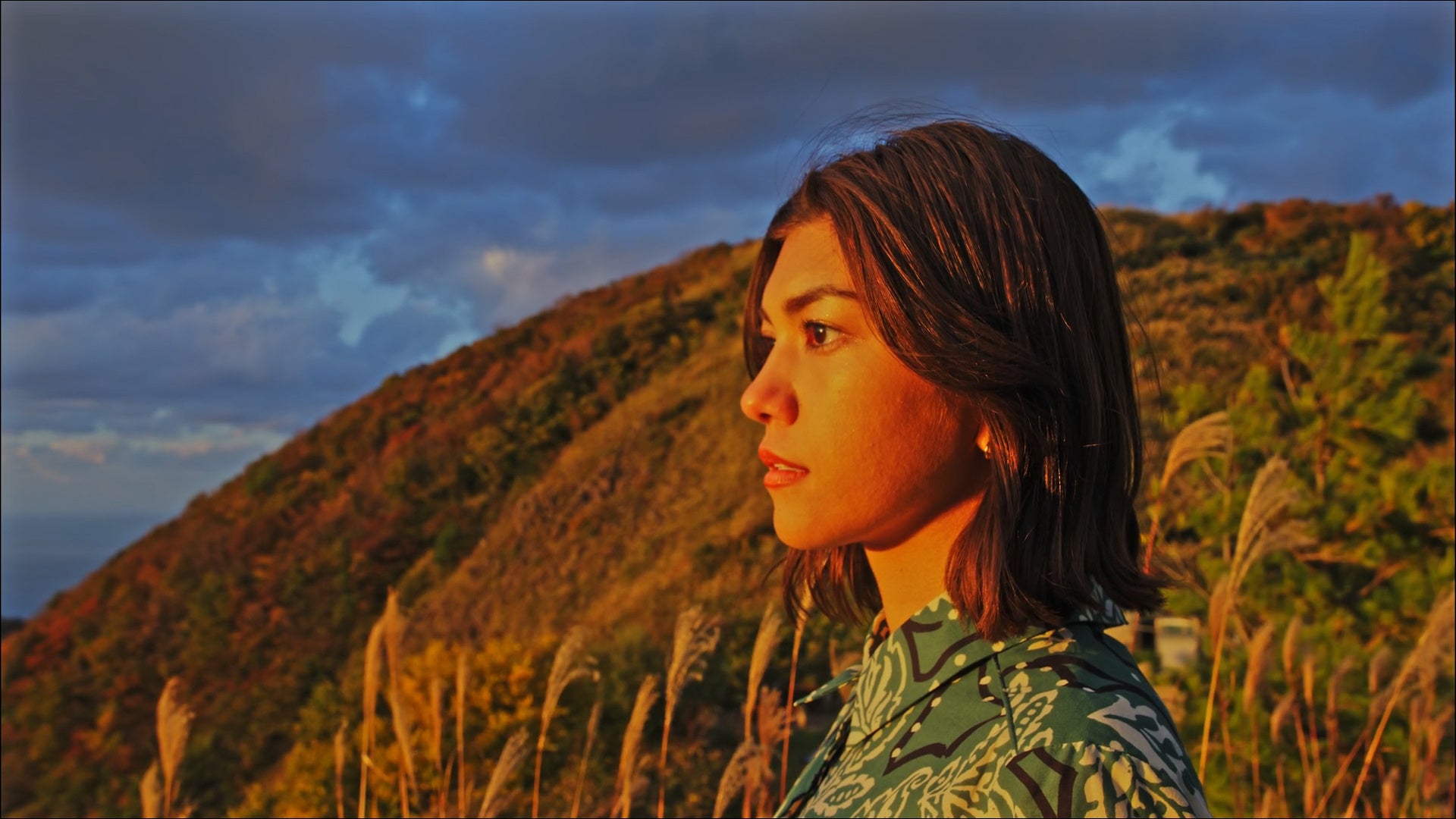 新潟の弥彦山から夕焼けに浮かぶ佐渡島を眺める