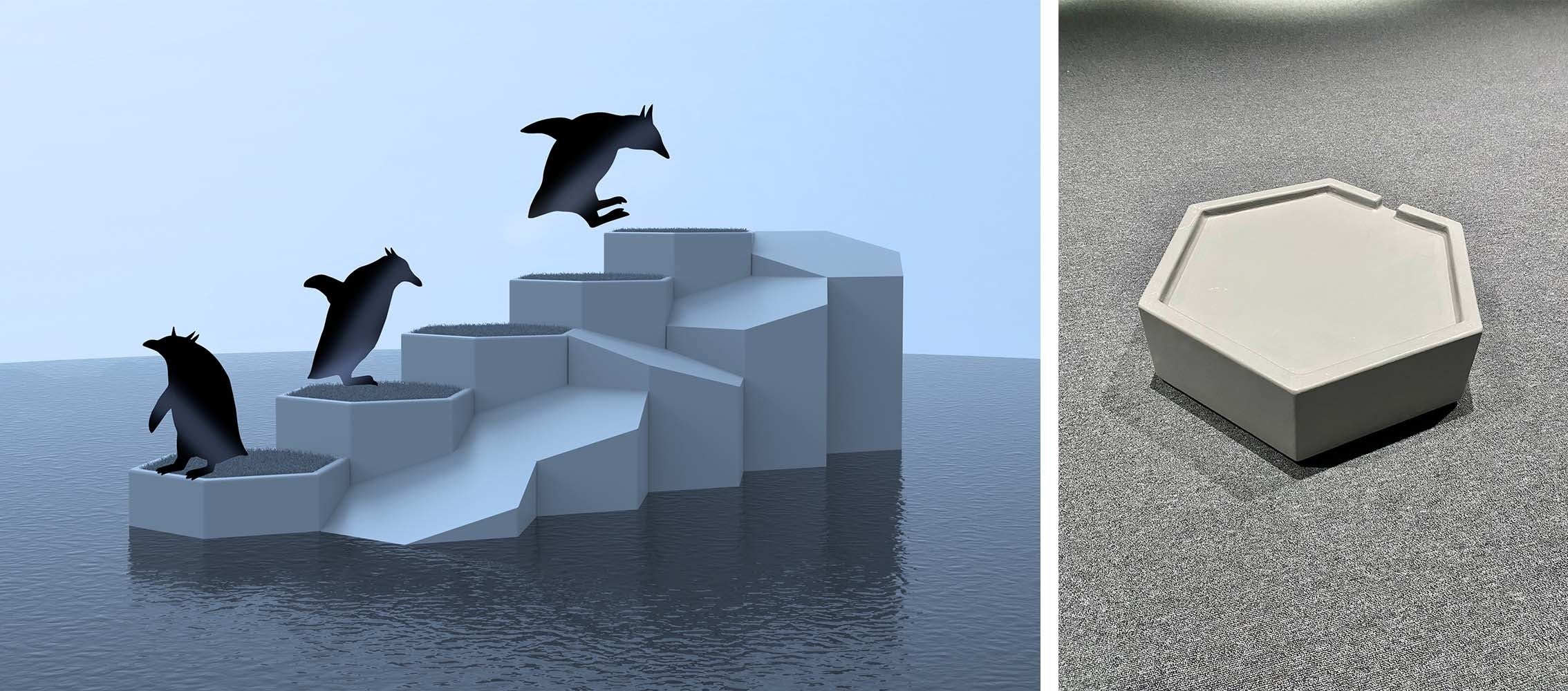 【（左）陸場の形状が変化する展示システム ※企画時のイメージ CG （右）着脱可能な六角形のブロック】