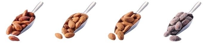 左から、フライドキャンディアーモンド・フライドソルティアーモンド・スペイン産素焼きアーモンド・アーモンドグラッセ