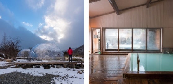 （左）透明空間で五感を刺激する憩いのカフェスペース“Norikura NATURE DOME” 様々なアクティビティやイベントを開催（右）のりくら温泉郷では3つの異なる源泉を楽しめます