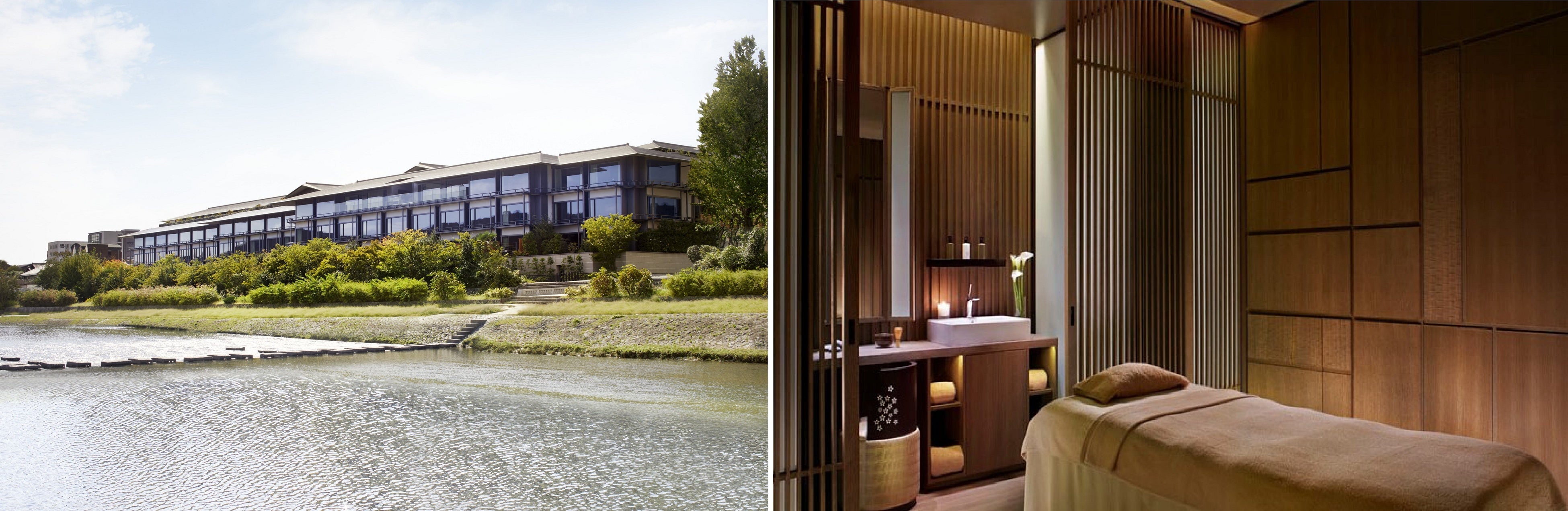ザ・リッツ・カールトン京都 外観（左）、ザ・リッツ・カールトン スパ（右）