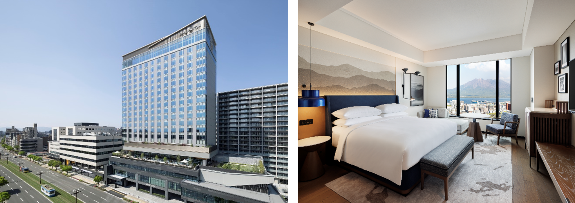 左 シェラトン鹿児島外観&nbsp; 右 桜島を一望できる客室