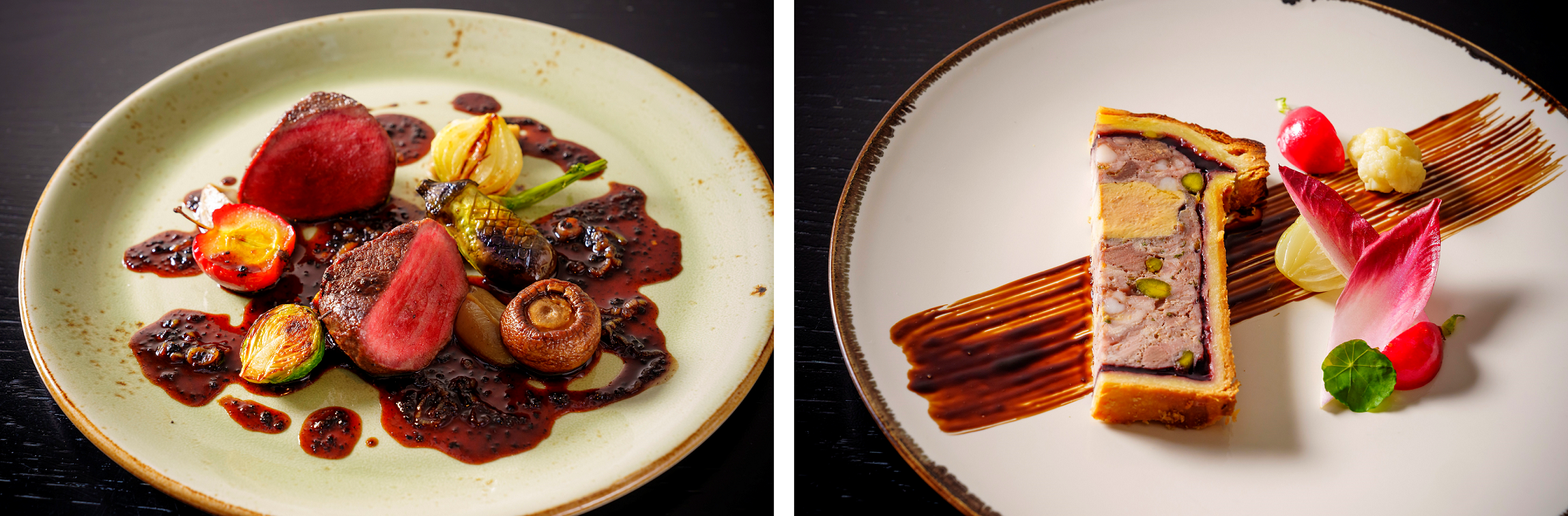 左から「エゾジカロースのポワレ　ソースペリグー」、「ほろほろ鳥、碁石鳥、小鳩とフォアグラのパテ・アンクルート」