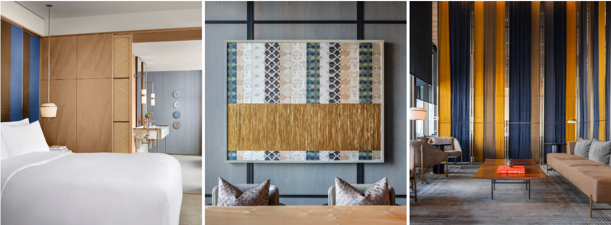 左：博多織の内装に採用（プレミアムスイート）　中央：博多織のタペストリーアート（幻珠）　右：博多織のパーテーション（ザ・バー）