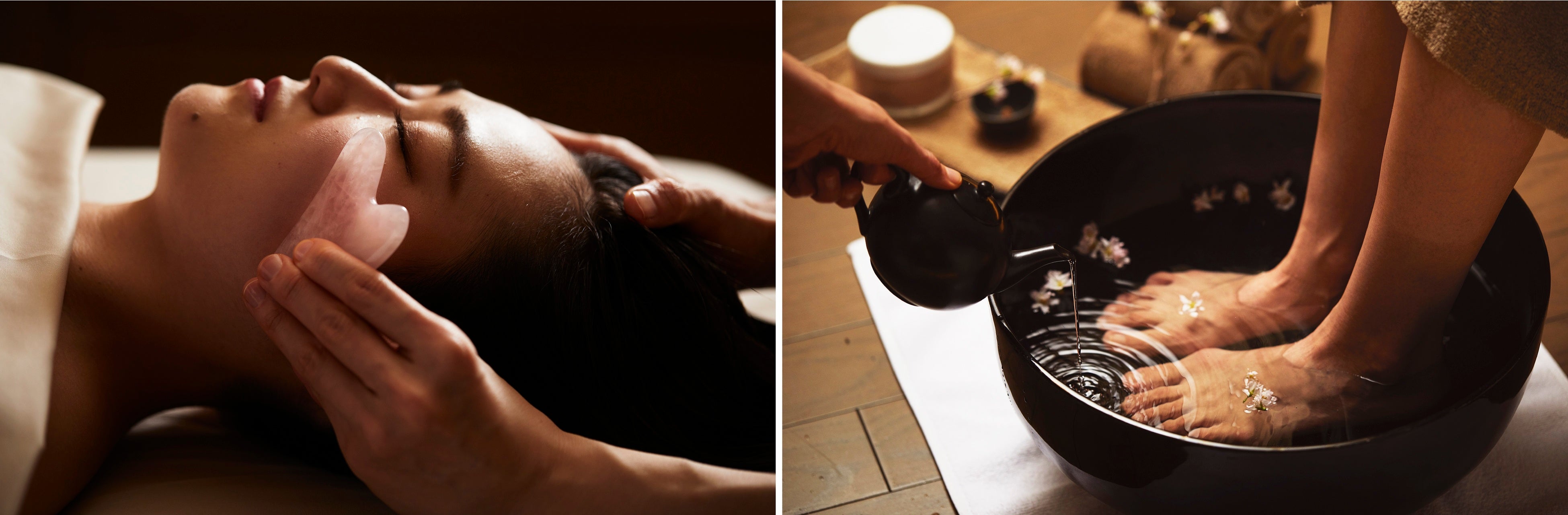「ラディアンス フェイシャル」※イメージ（左）、温めた桜湯を使用したフットマッサージ（右）