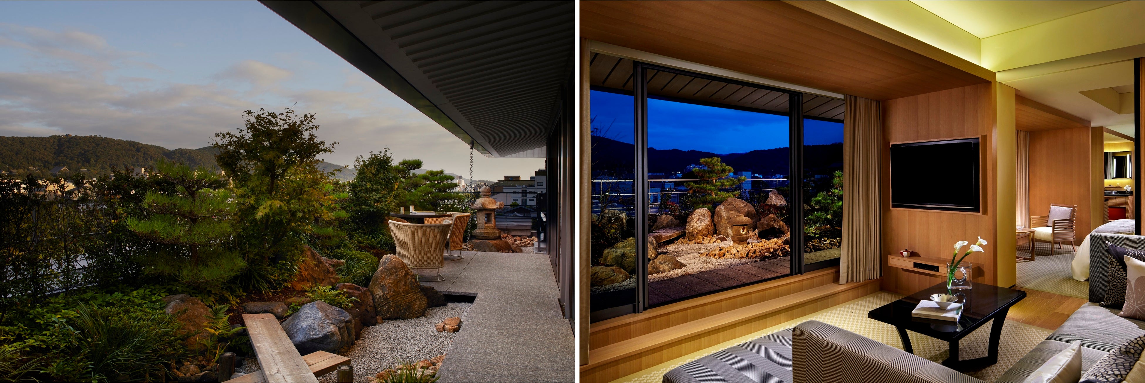 お花見も楽しめるデッキテラス  ※イメージ（左）、客室の外側に広がるプライベートガーデン（右）