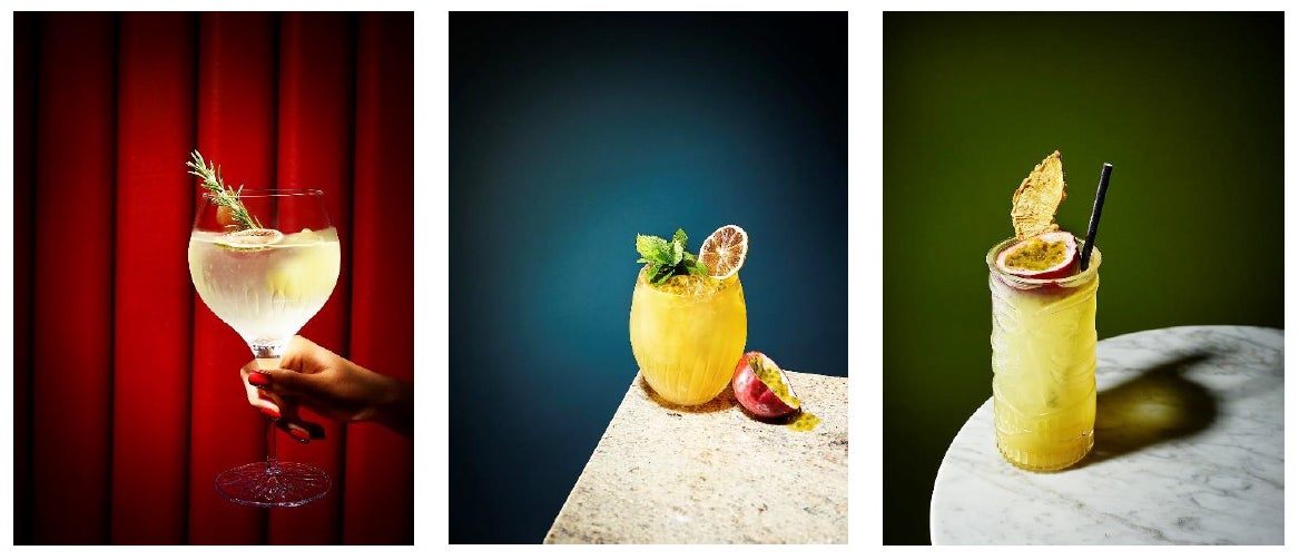 左より、W大阪のシグネチャーカクテルの「リビングルーム“G&T”」、「フレンチ パッション」、「Wゾンビ―」