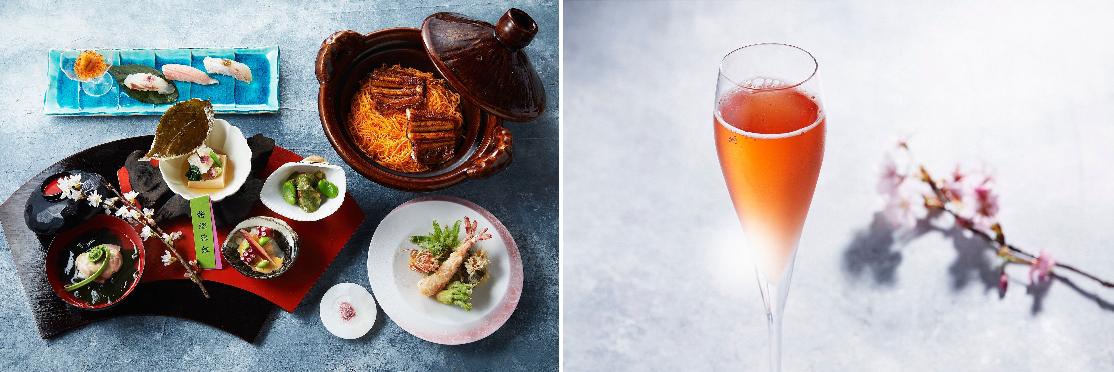 日本料理「水暉」SAKURA特別メニュー（左）、「桜スパークリングティー」（右）