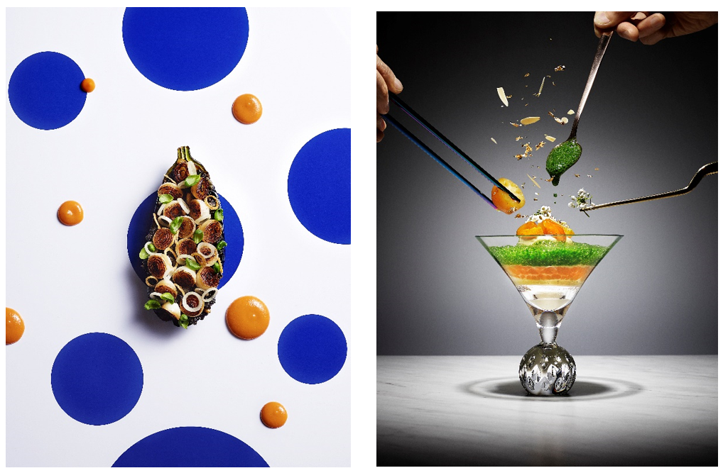 （左から）ベジタリアンメニューの「茄子・ババガヌーシュ・パプリカ」、コースデザートのイメージ