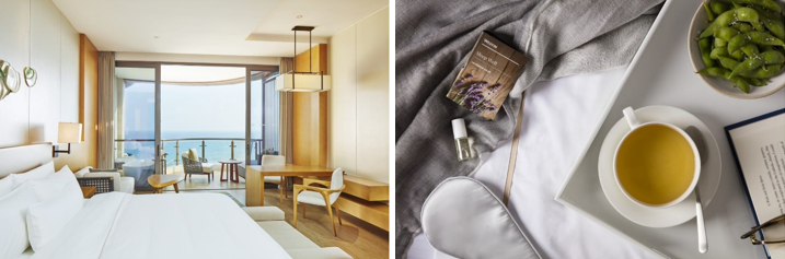 左から：ウェスティン石梅湾リゾートのオーシャンビューデラックスキングルーム／ラベンダースリープバームとイートウェルメニュー
