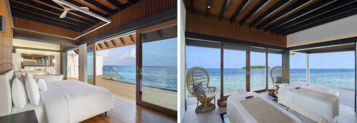 左から：ウェスティン・モルディブ・ミリアンドゥーリゾートの水上ヴィラ／Heavenly Spa by Westin™（ヘブンリースパバイウェスティン）
