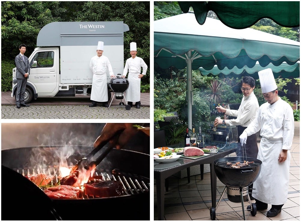 左上：ウェスティンフードトラックでお届けする「ケータリングBBQ by The Westin Food Truck」  左下：「テラスBBQプラン」イメージ　右：「ケータリングBBQ by The Westin Food Truck」イメージ
