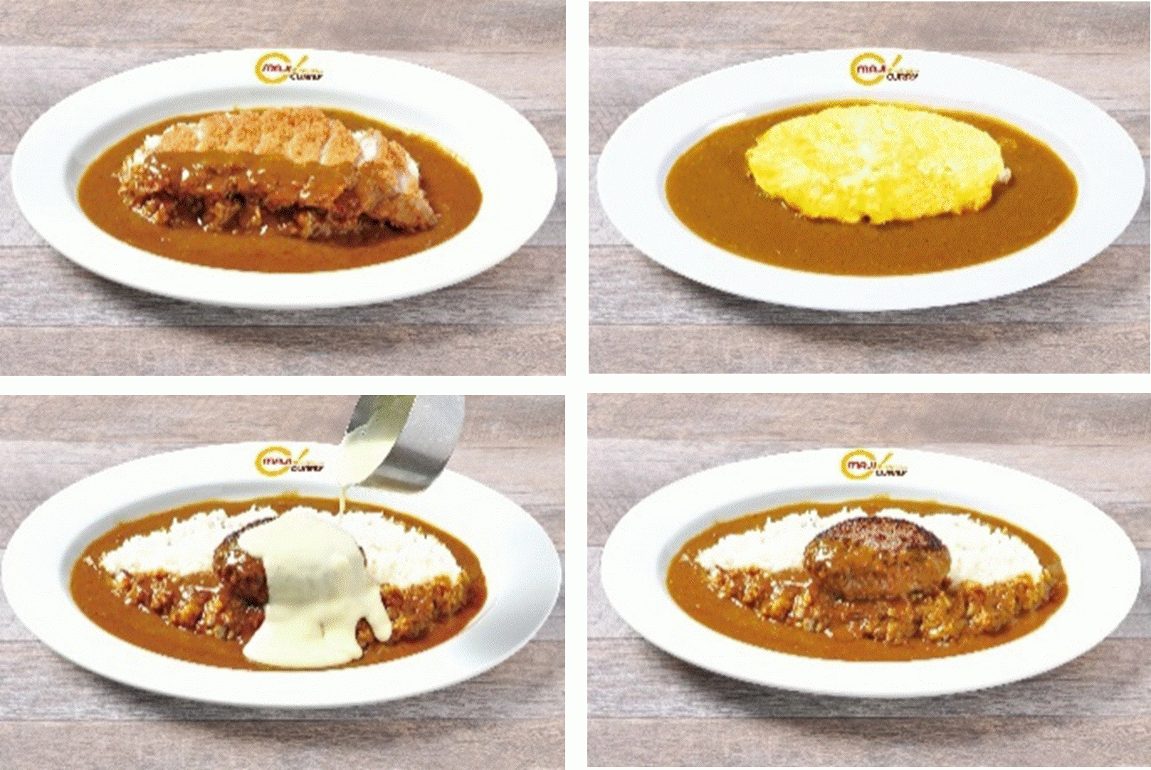 左上：1番人気　カツカレー、右上：オムカレー、左下：グランプリカレー、右下：ハンバーグカレー