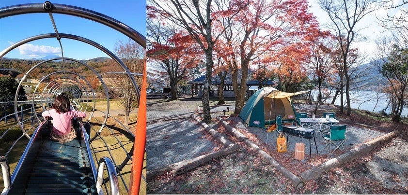 左：全長100mを超えるすべり台がある中井中央公園（中井町）、右：芦ノ湖キャンプ村（箱根町）
