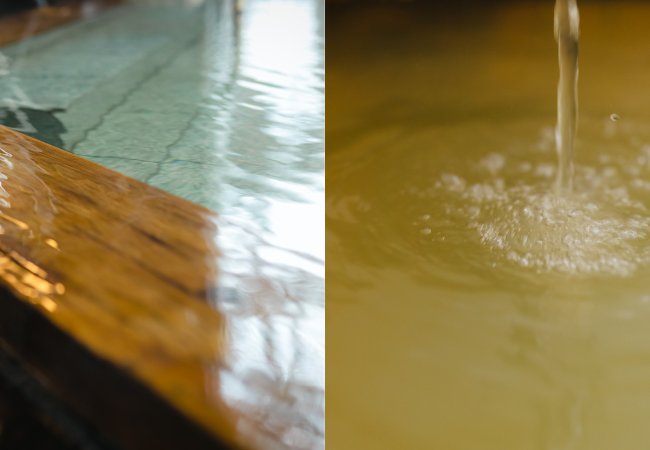 左：天水由来の炭酸水素塩泉、右：海水起源の塩化物泉