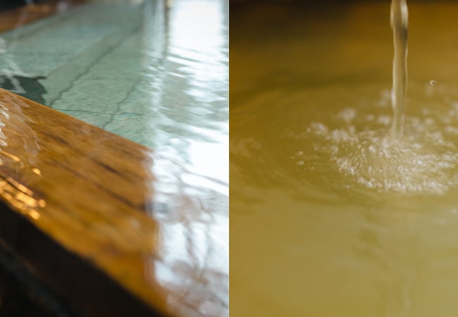 左:天水由来の炭酸水素塩泉、右:海水起源の塩化物泉