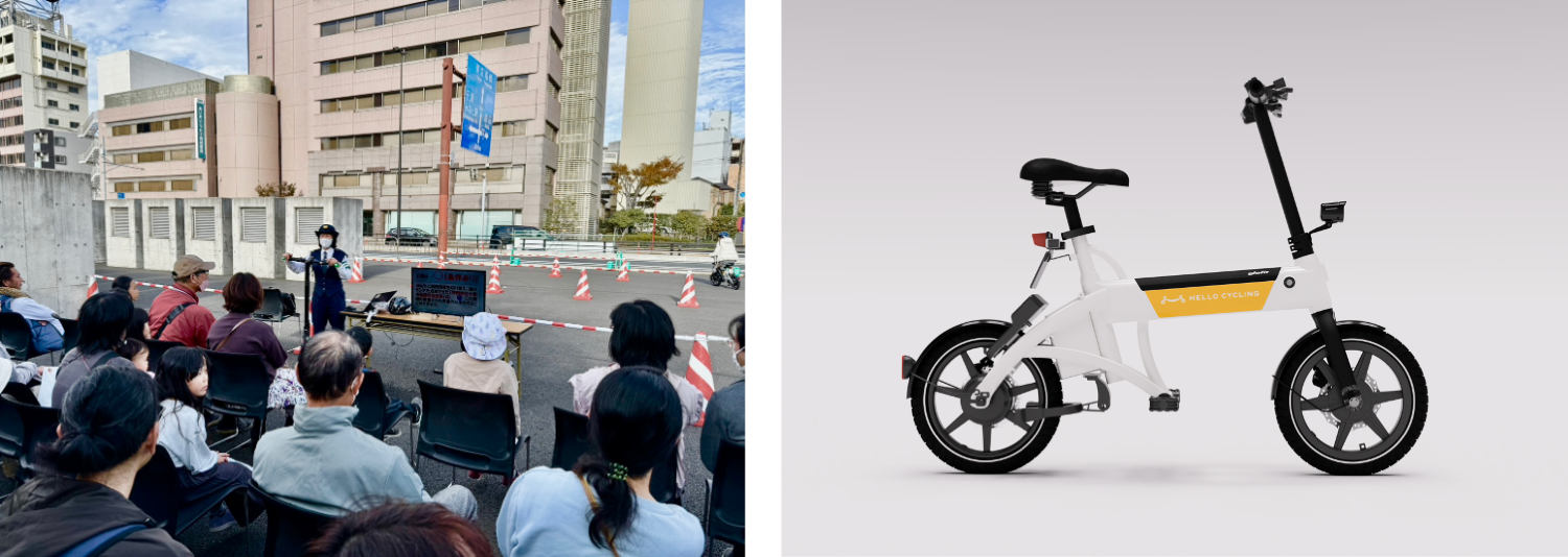 左：千葉県警察による講習会、右：実証実験で使用する特定小型原付車両 電動サイクル