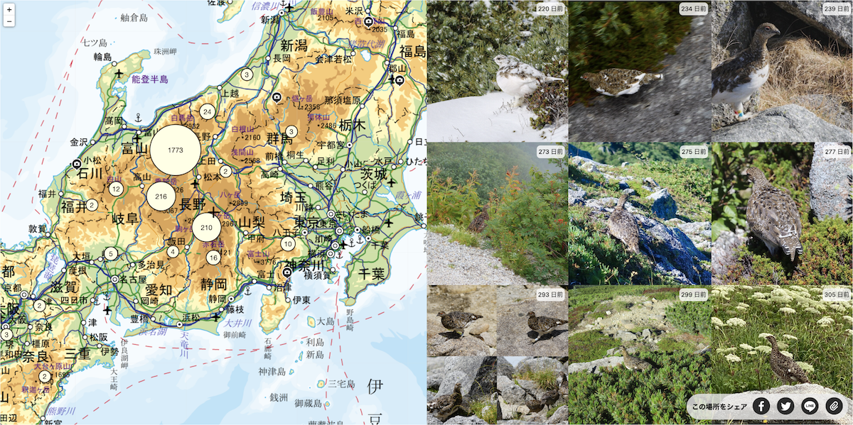 「ライチョウモニター」の画面。同エリアで目撃されたライチョウの写真を画像識別。撮影場所とともに一覧表示する。