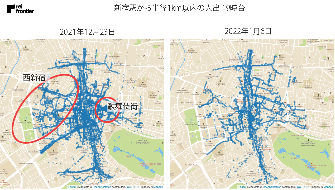 新宿駅から半径1km以内の人出19時台