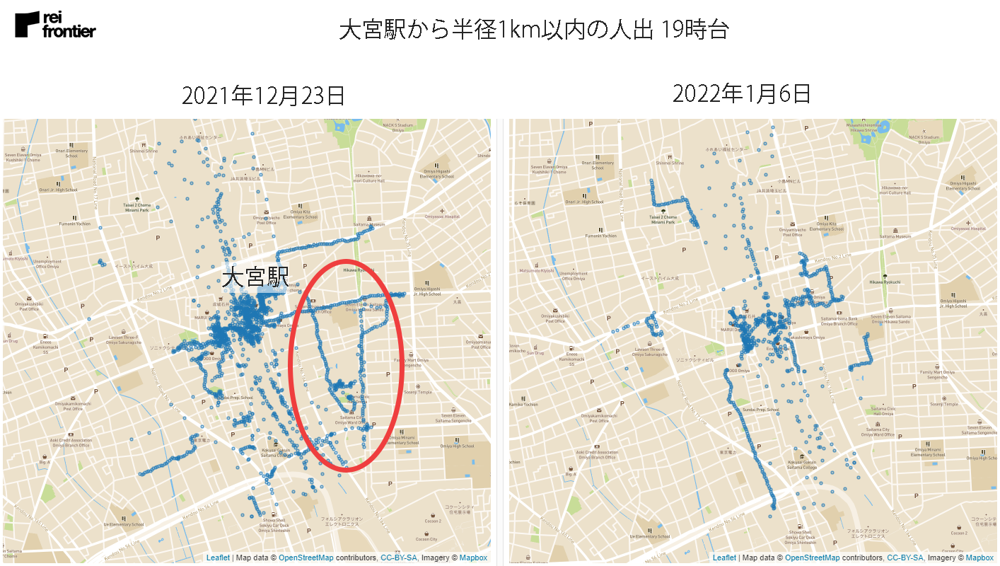 大宮駅から半径1km以内の人出19時台