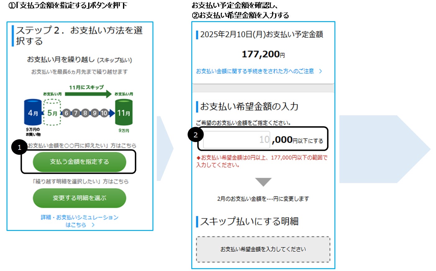 専用お支払いページ JCB、ショッピングスキップ払いの「金額指定付替え機能」を