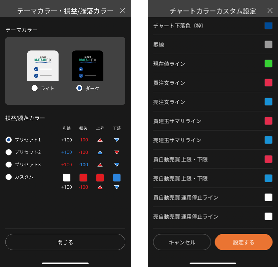 損益・騰落カラー設定　／　チャートカラー設定