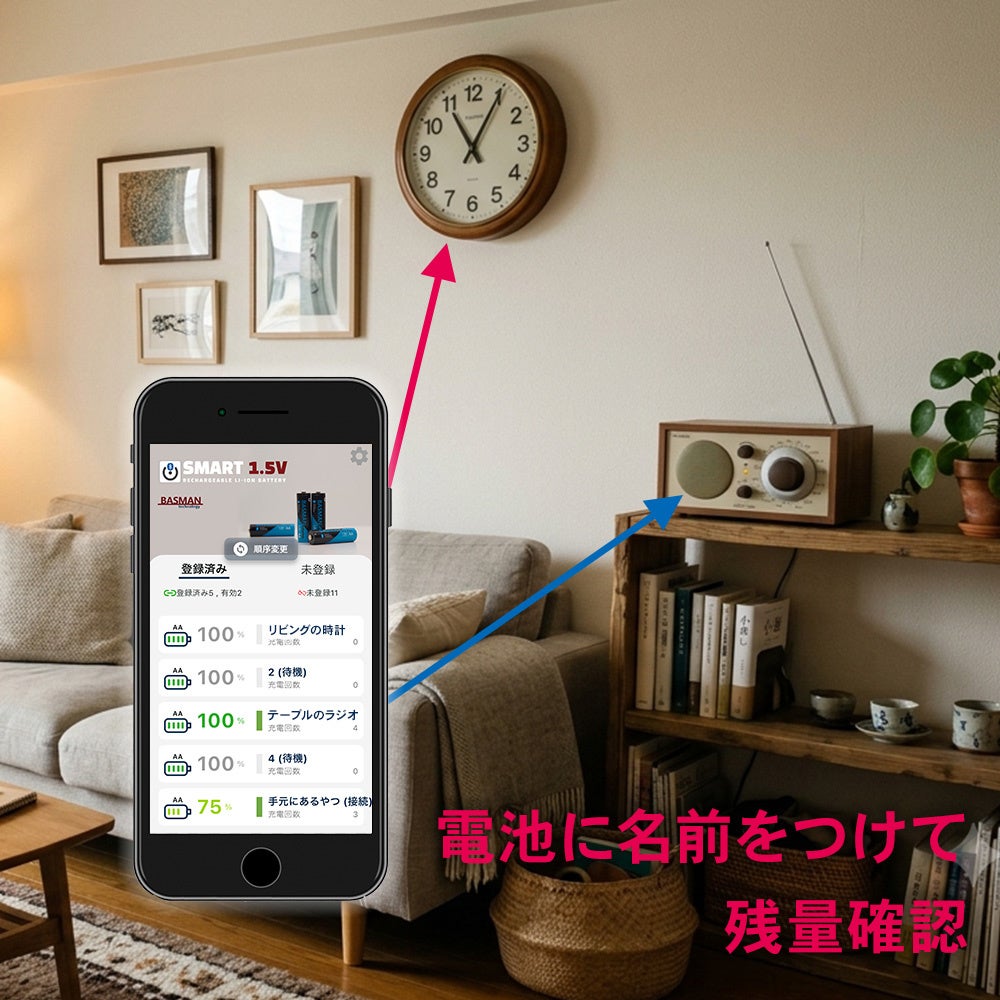 アプリ上で電池に名前を付け残量を確認