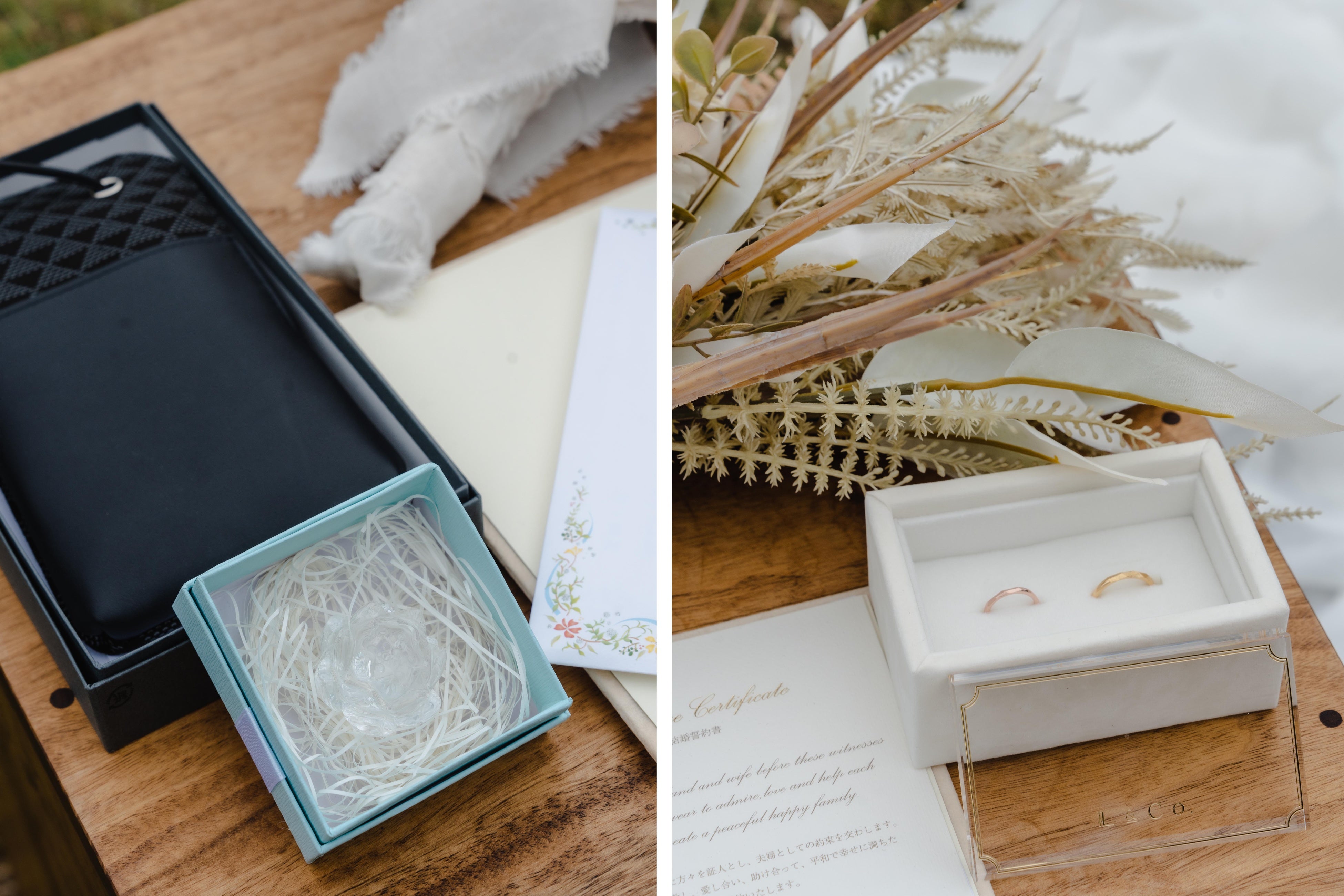 山梨の老舗「印傳屋」のポーチと水晶（画像左）｜山梨のジュエリーメーカー製作のオリジナルジュエリー ©辻ノ良介（画像右）