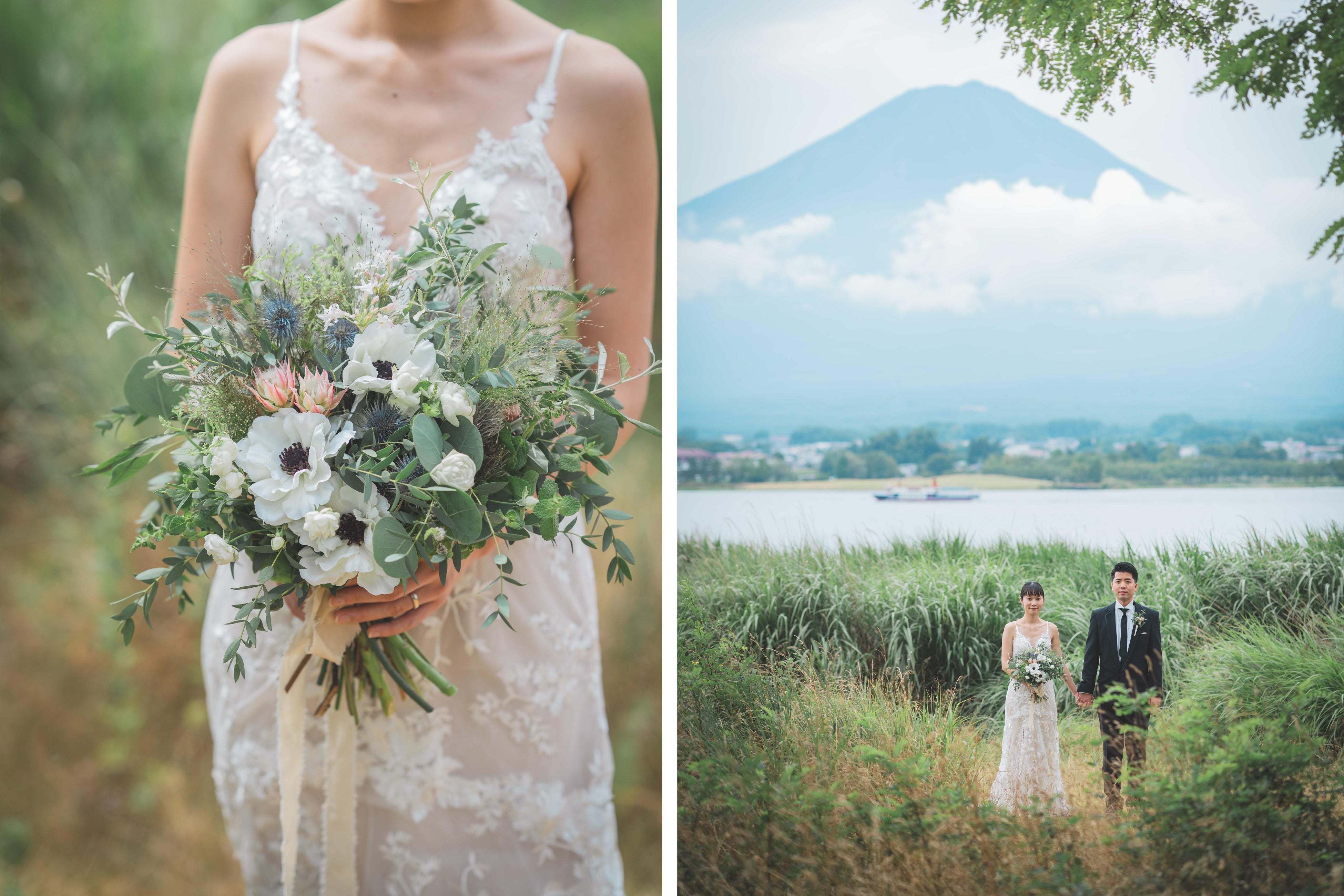 ELSOL製作のブーケ（画像左）｜オリジナルブーケでのフォトウェディング ©小林正嗣（画像右）