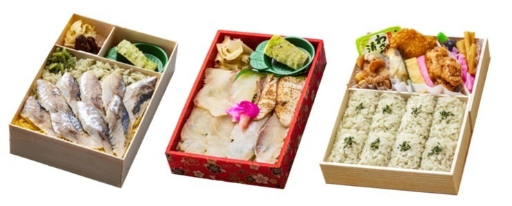 （左から）抹茶あじ寿司、沼津香まだい寿司（抹茶寿司飯）、抹茶めし弁当