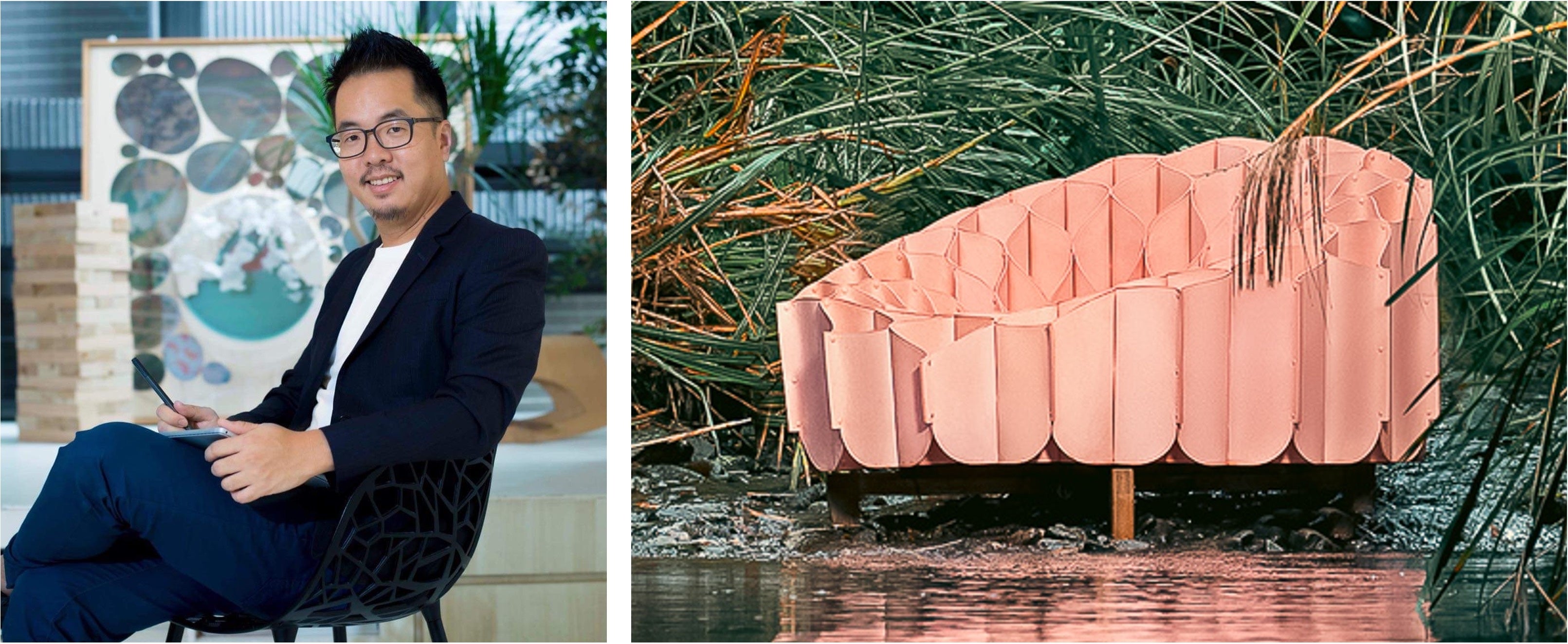 （左）ジョニー・チウ氏（右）ジョニー・チウ氏がデザインしたアウトドアチェア「BLOOM」