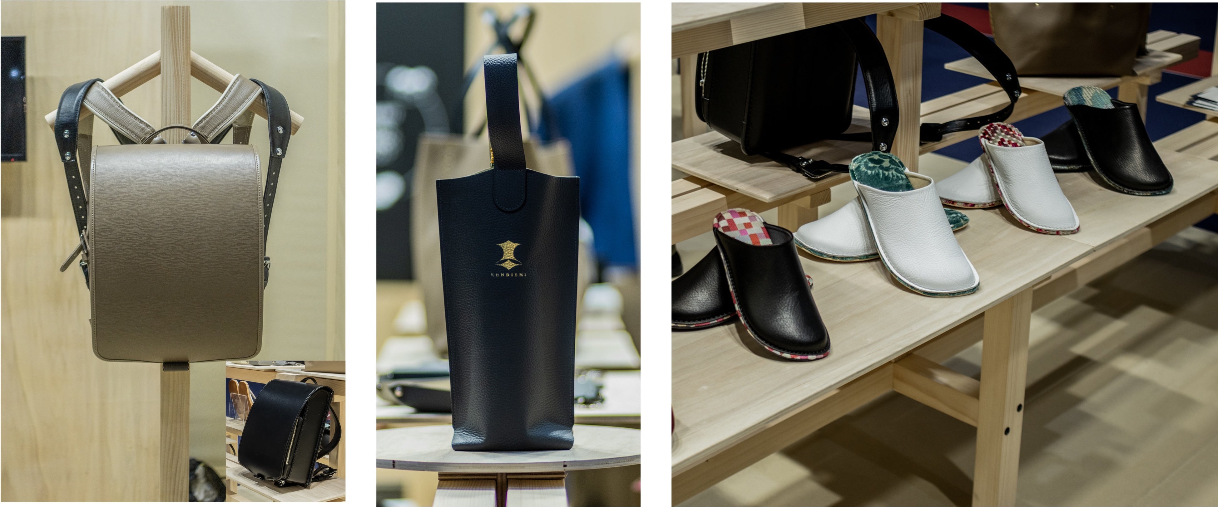 (左)ランドセル　(中央)SAKEバッグ　(右)スリッパ