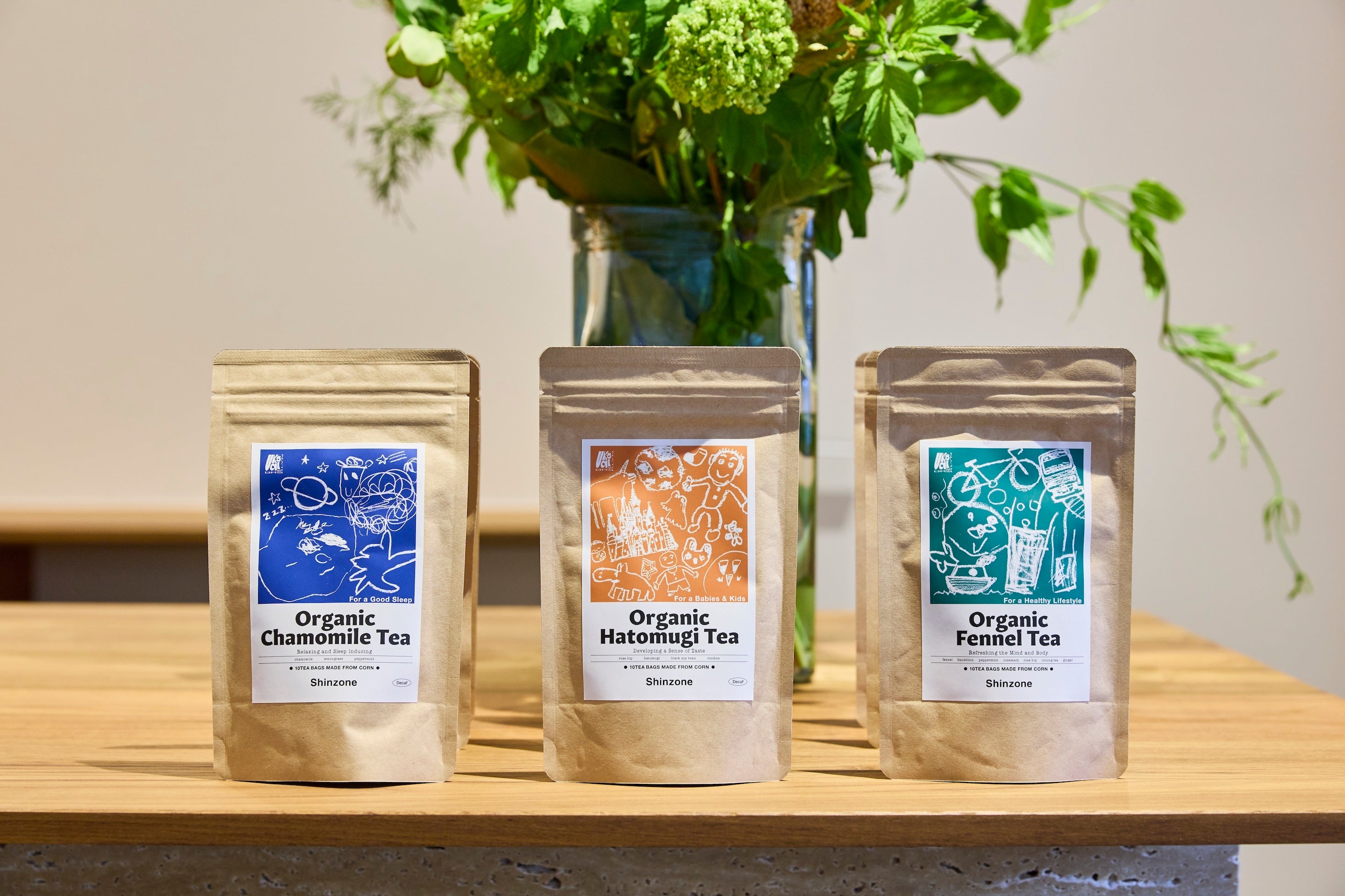 「UKAI Brooklyn 」ハーブティー&nbsp; Shinzoneオリジナルパッケージデザイン 【3フレーバー】カモミールブレンド、ハトムギブレンド、 フェンネルブレンド ￥1,320-(税込)&nbsp; 1パック10個入り