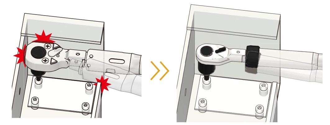 図4　本体のスリム化、QH6Dの振り角半減、QH6DとSH6Dの小型化で干渉領域を低減。