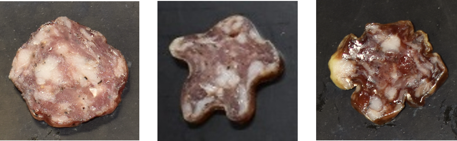 発色剤不使用でZnPPにより赤色を呈する生サラミ（左）と無塩漬※で色味が悪いサラミ（中）、発色剤を使用したサラミ（右）