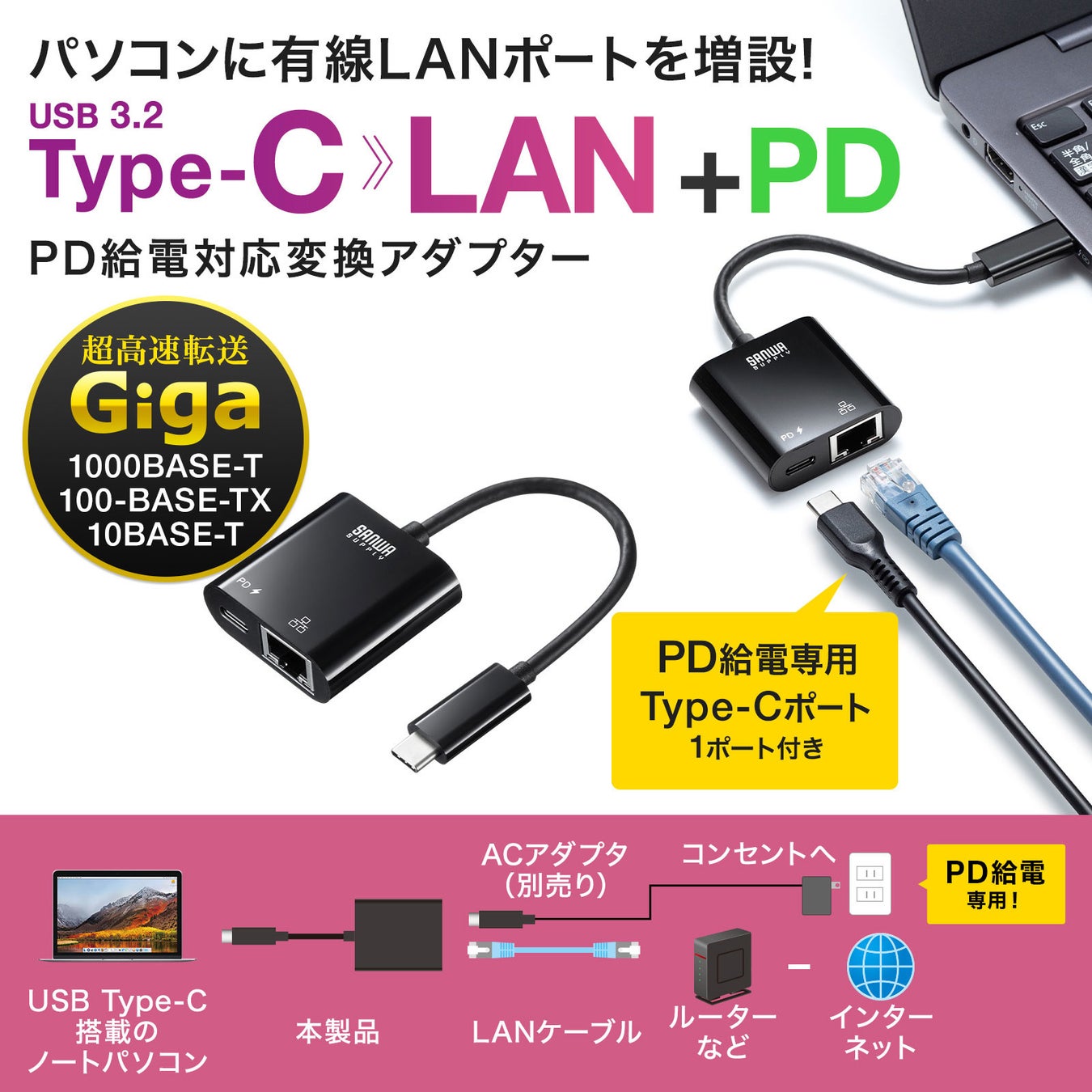 Usb Type Cポートをギガビット対応lanポートに変換できる Pd給電対応のlan変換アダプタを発売 サンワサプライ株式会社のプレスリリース Usb Type Cポートをギガビット対応lanポートに変換できる Pd給電対応のlan変換アダプタを発売 サンワサプライ株式会社のプレスリリース