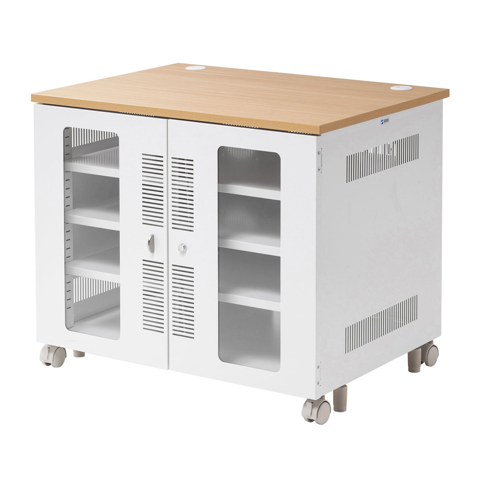 空間を明るく彩る木目天板×ホワイトフレームの機器収納ボックスと19