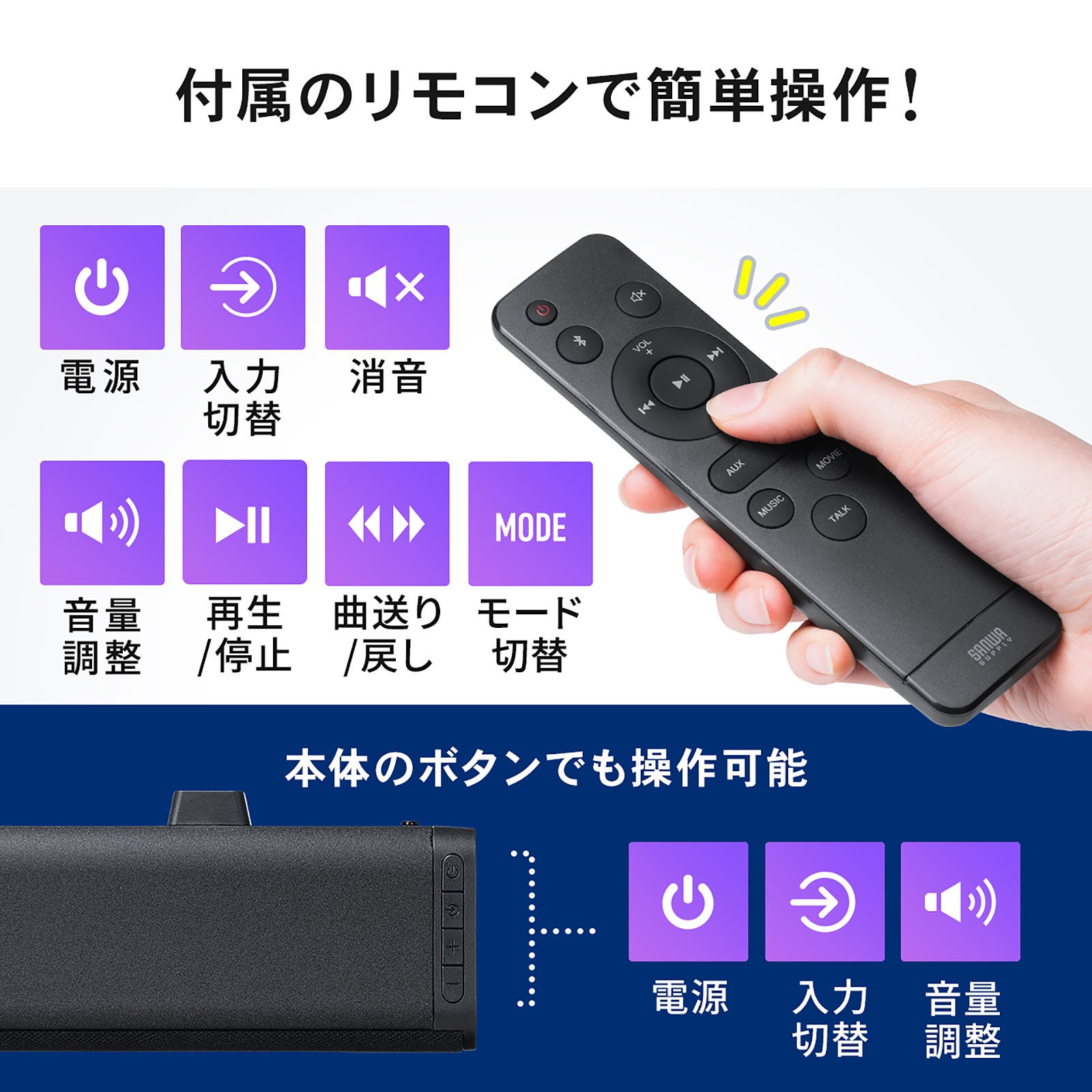 画面やリモコン受光部に被らない、高さ6cmのスリムなサウンド