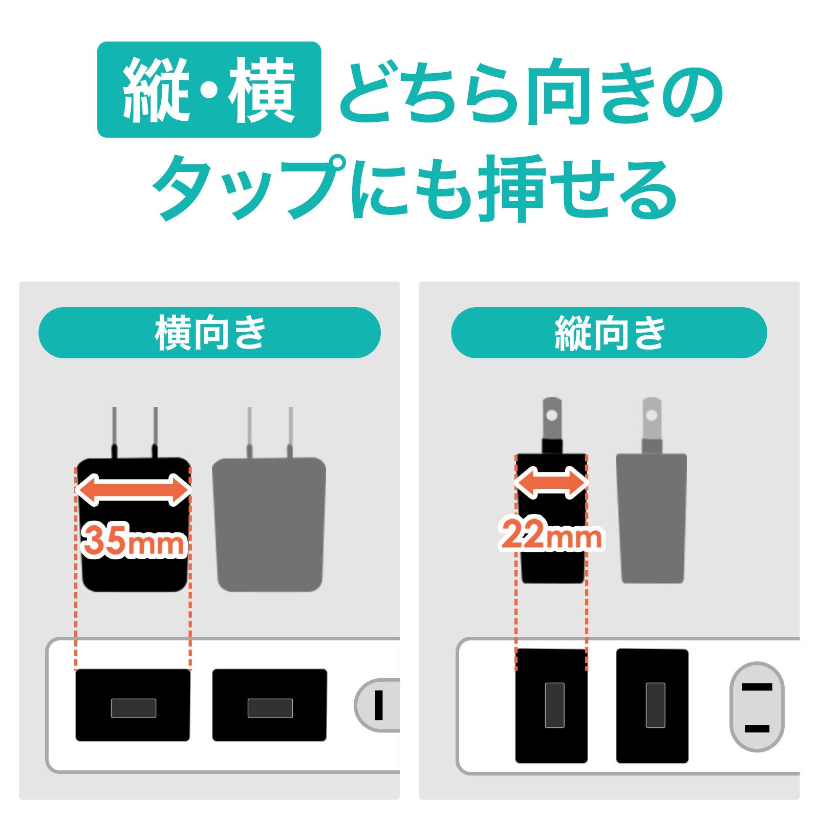 電源タップにも並べて差しやすい、コンパクトで耐久性に優れた