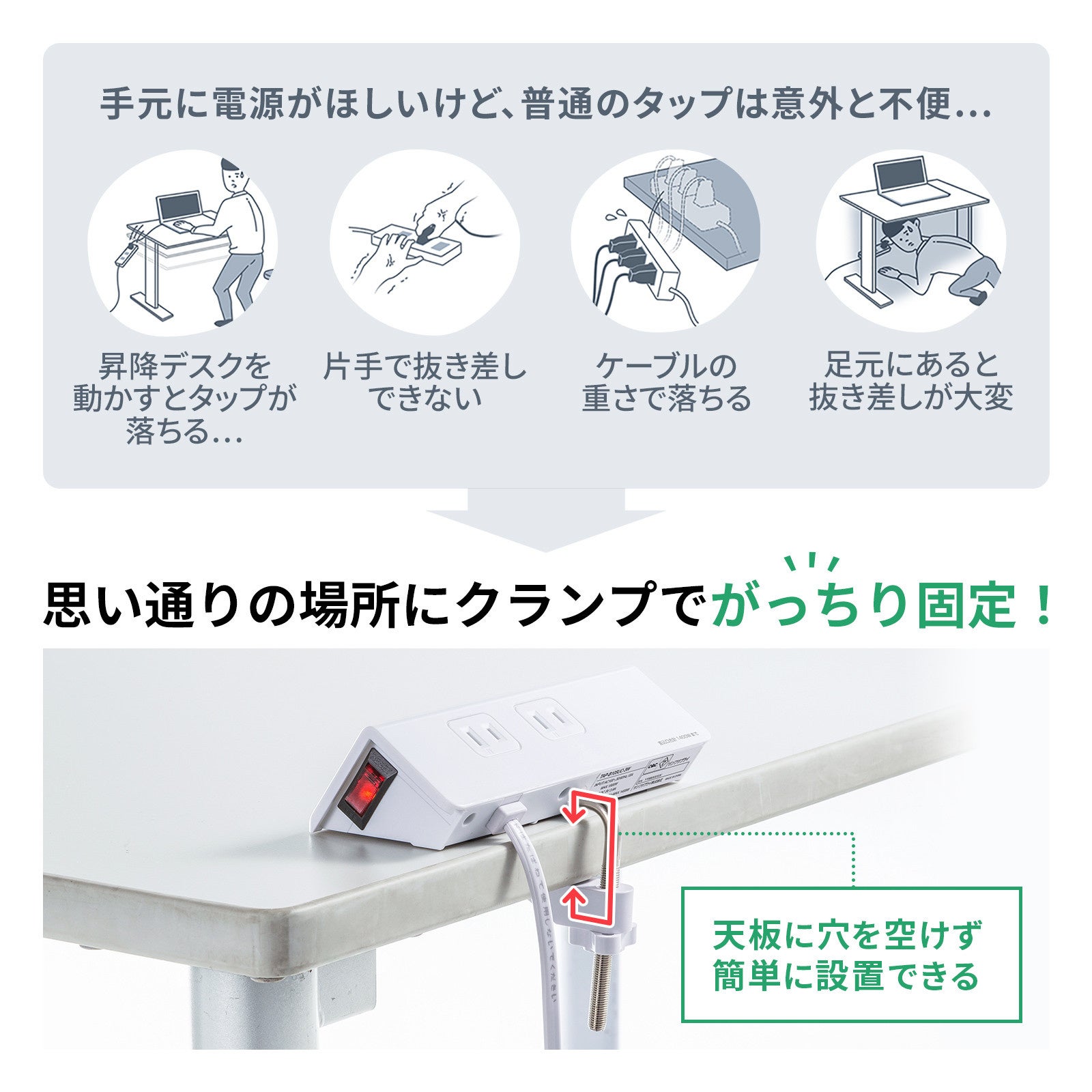 10個セット サンワサプライ クランプ固定式タップ(2P・4個口・ホワイト)3m TAP-B105UC-3W 15倍ポイント SANWA SUPPLY クランプ固定式タップ 4個口 3m USB充電ポート付き USB