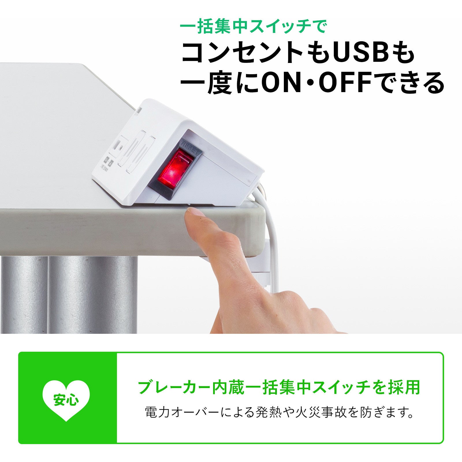 デスクにクランプで固定して使用できる便利なUSBポート付きタップを