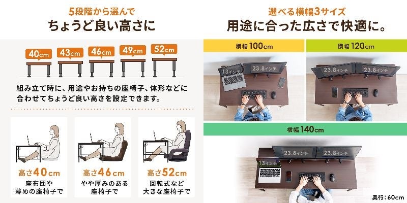 高さ40センチ　変更 高さを5段階から選べる！体型や座椅子に合わせてちょうど良い高