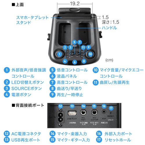 サンワダイレクト、マイク2本付きで120W出力のポータブルPAスピーカー「400-SP130」を発売|400-SP130の製品仕様(13枚目)